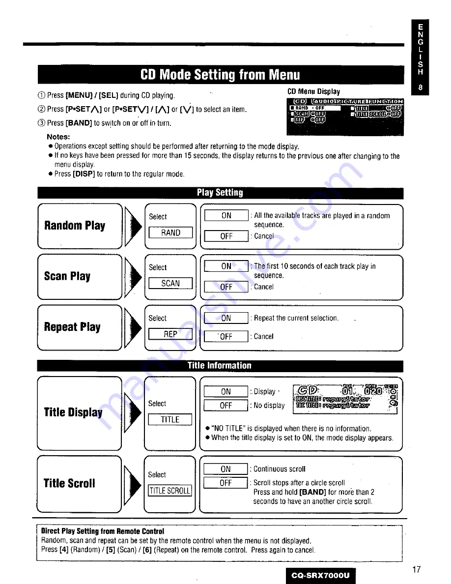 Panasonic CQSRX7000U - SD CAR AUDIO Operating Instructions Manual Download Page 17