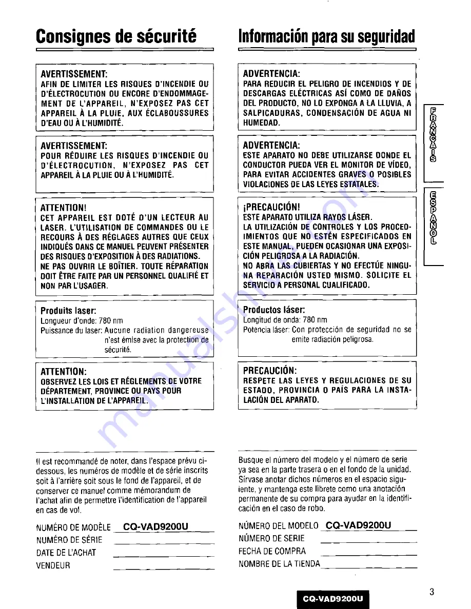 Panasonic CQVAD9200U - CAR A/V DVD NAV Operating Instructions Manual Download Page 3