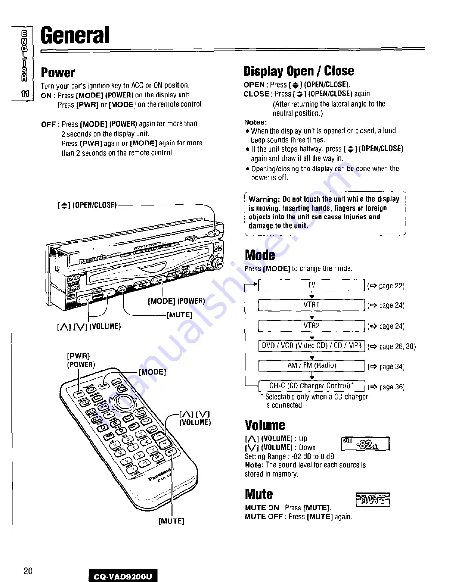 Panasonic CQVAD9200U - CAR A/V DVD NAV Operating Instructions Manual Download Page 20