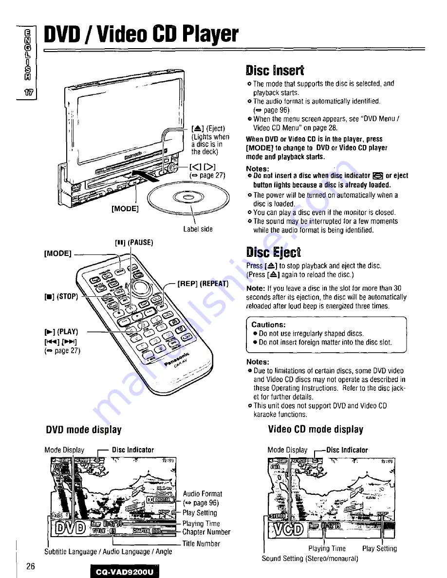 Panasonic CQVAD9200U - CAR A/V DVD NAV Скачать руководство пользователя страница 26