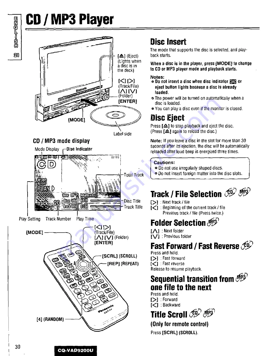 Panasonic CQVAD9200U - CAR A/V DVD NAV Operating Instructions Manual Download Page 30