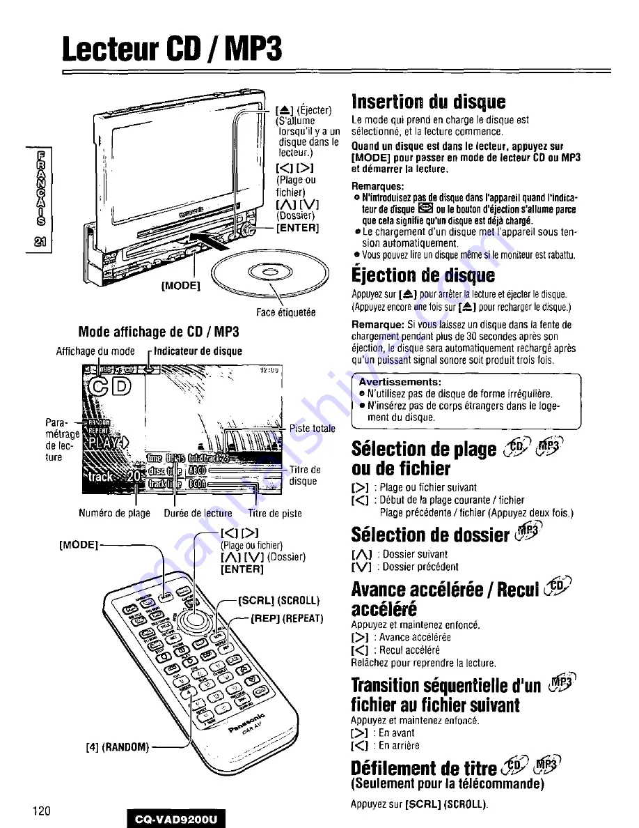 Panasonic CQVAD9200U - CAR A/V DVD NAV Скачать руководство пользователя страница 120