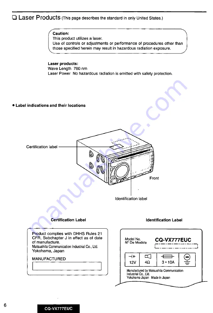 Panasonic CQVX777EUC - CD/CAS RECEIVER WITH Скачать руководство пользователя страница 6