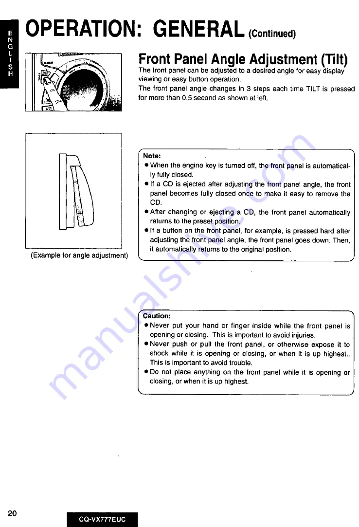 Panasonic CQVX777EUC - CD/CAS RECEIVER WITH Operating Instructions Manual Download Page 20