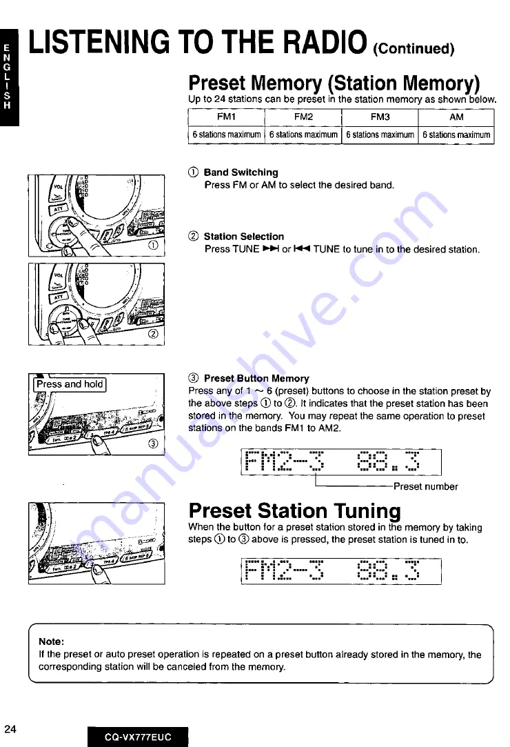 Panasonic CQVX777EUC - CD/CAS RECEIVER WITH Operating Instructions Manual Download Page 24