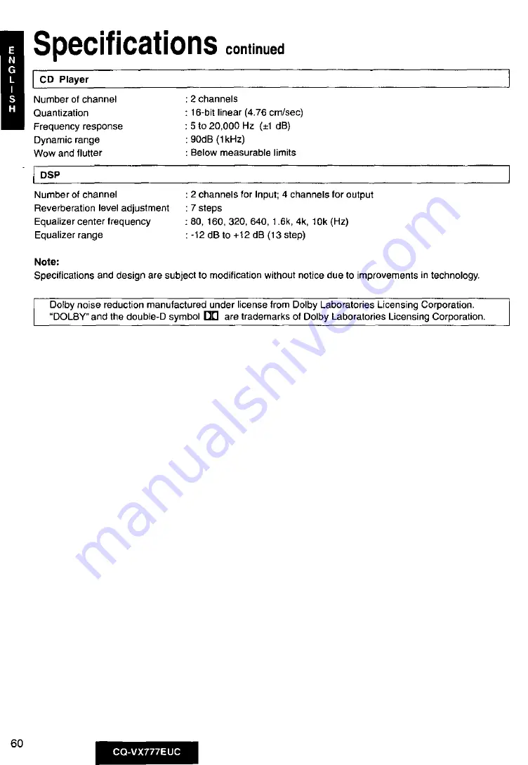 Panasonic CQVX777EUC - CD/CAS RECEIVER WITH Скачать руководство пользователя страница 60