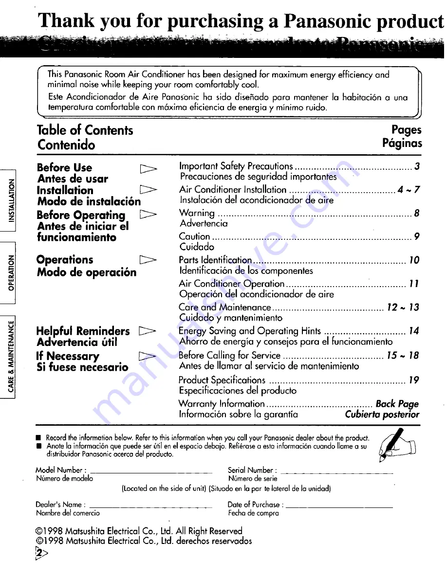 Panasonic CW-C501RU Installation And Operating Instructions Manual Download Page 2