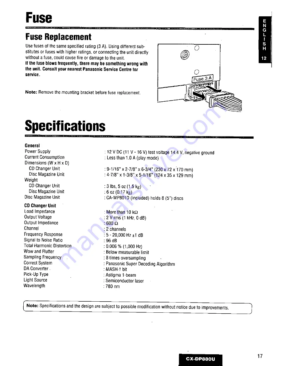 Panasonic CX-DP880U - CD Changer Скачать руководство пользователя страница 17