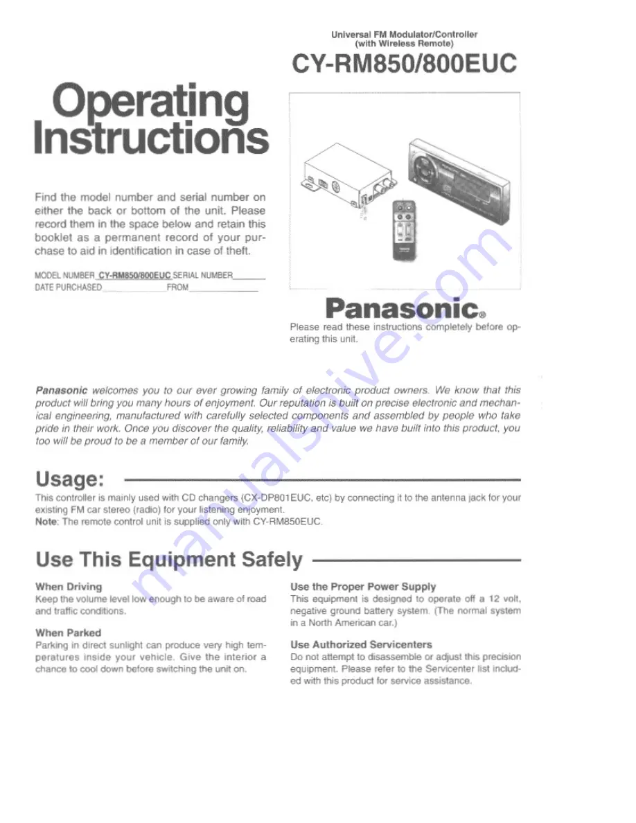 Panasonic CY-RM850 Скачать руководство пользователя страница 1