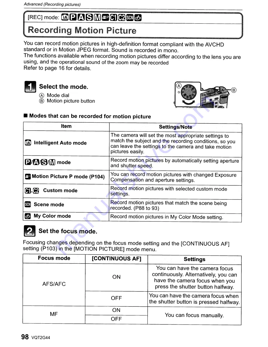 Panasonic DMC-GF1C-K - Lumix Digital Camera Operating Instructions Manual Download Page 98