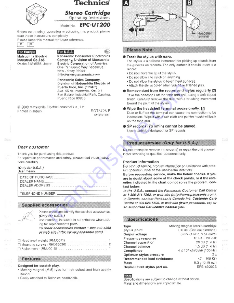 Panasonic EPC-U1200 Operating Manual Download Page 1