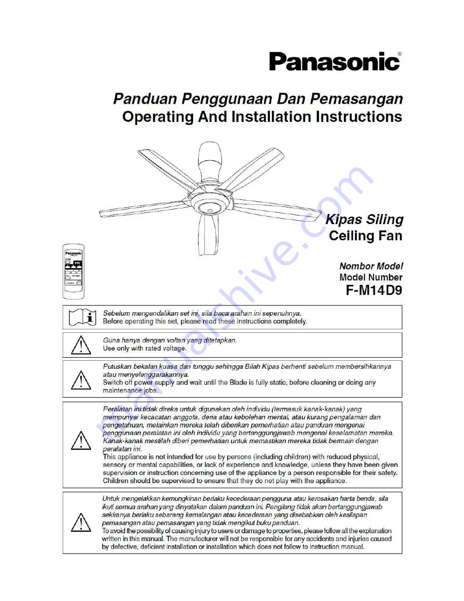 Panasonic F-M14D9 Operating And Installation Instruction Download Page 1