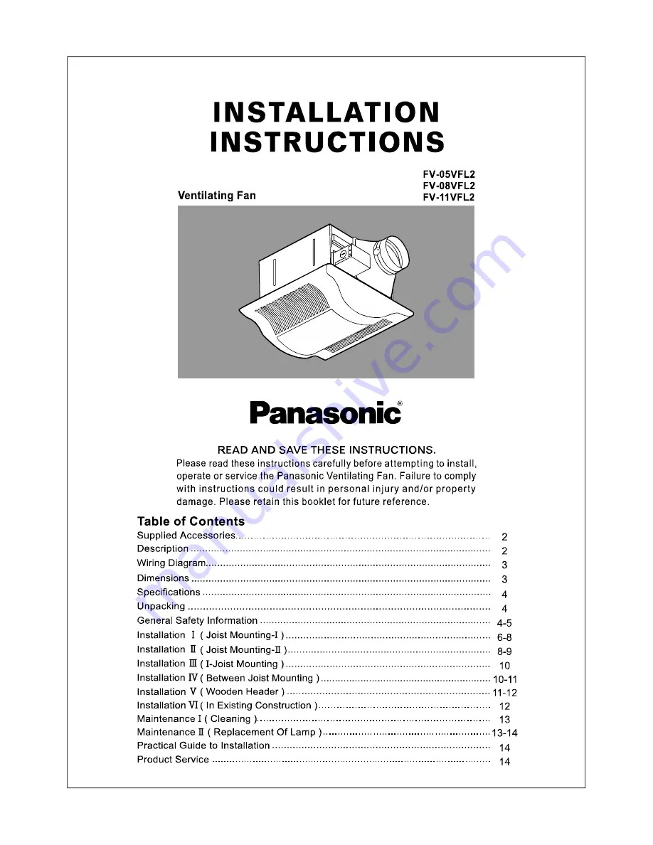 Panasonic FV-05VFL2 Installation Instructions Manual Download Page 1