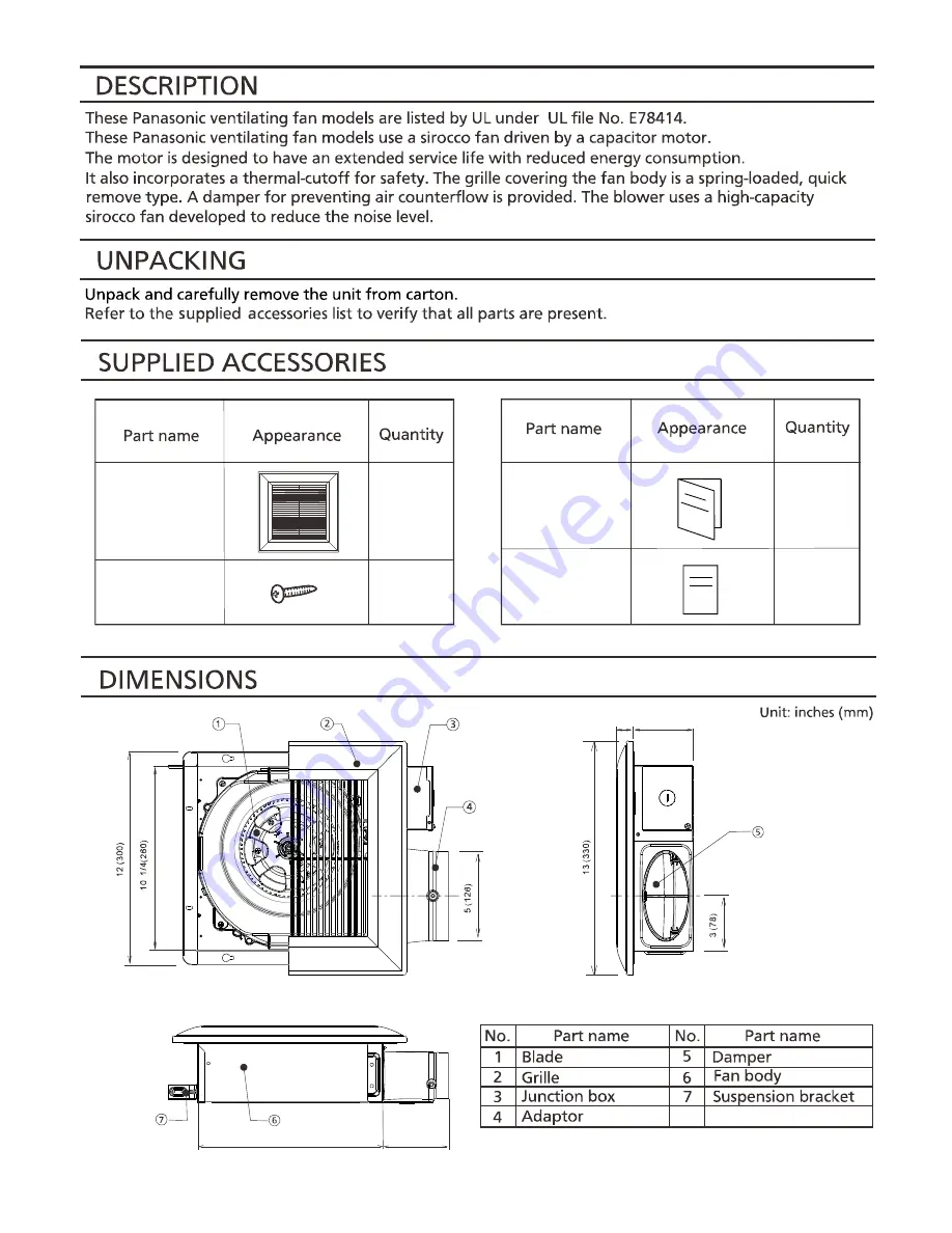 Panasonic FV-05VS3 Скачать руководство пользователя страница 4