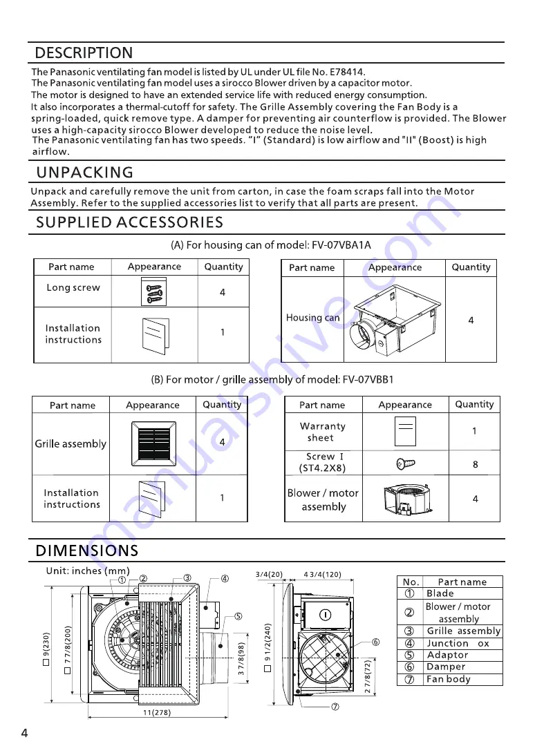 Panasonic FV-07VB1 Supplementary Installation Instructions Download Page 4