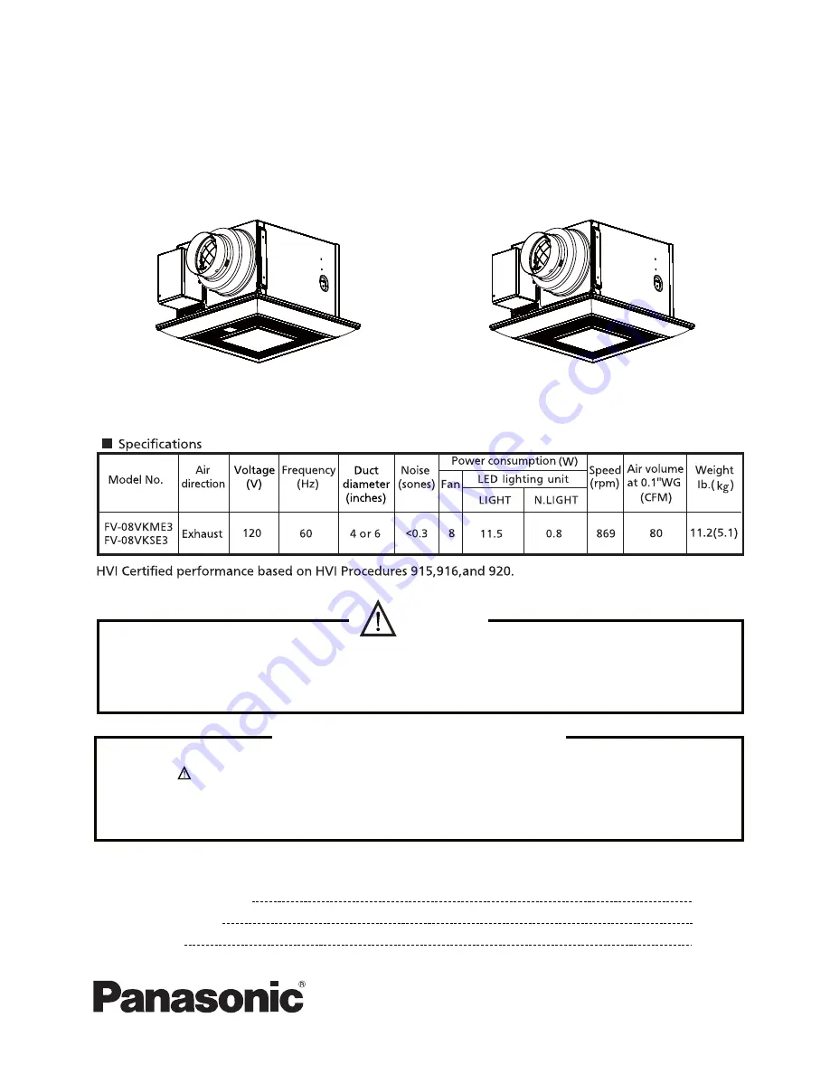 Panasonic FV-08VKME3 Service Manual Download Page 1