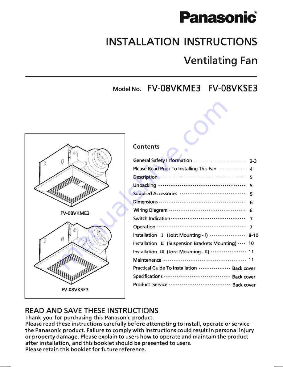 Panasonic FV-08VKME3 User Manual Download Page 1