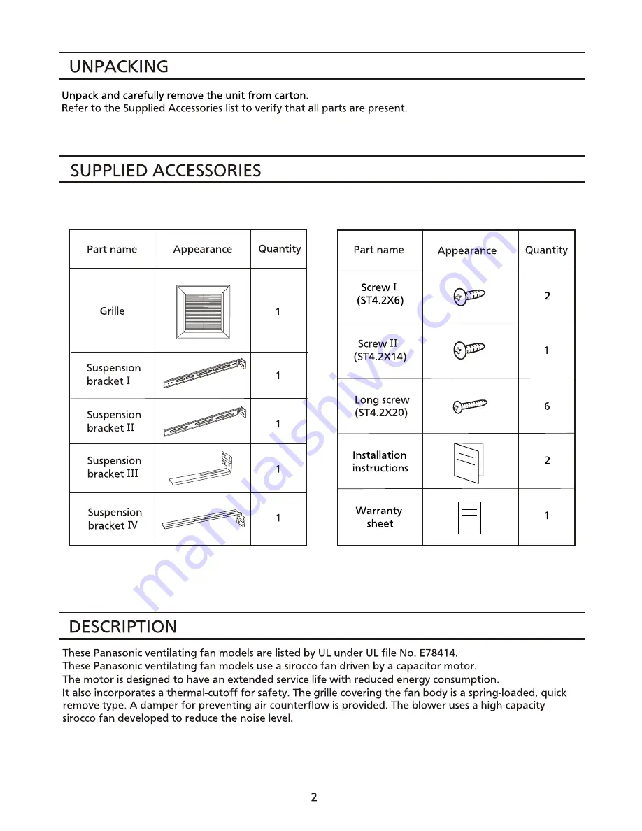 Panasonic FV-08VQS Скачать руководство пользователя страница 2