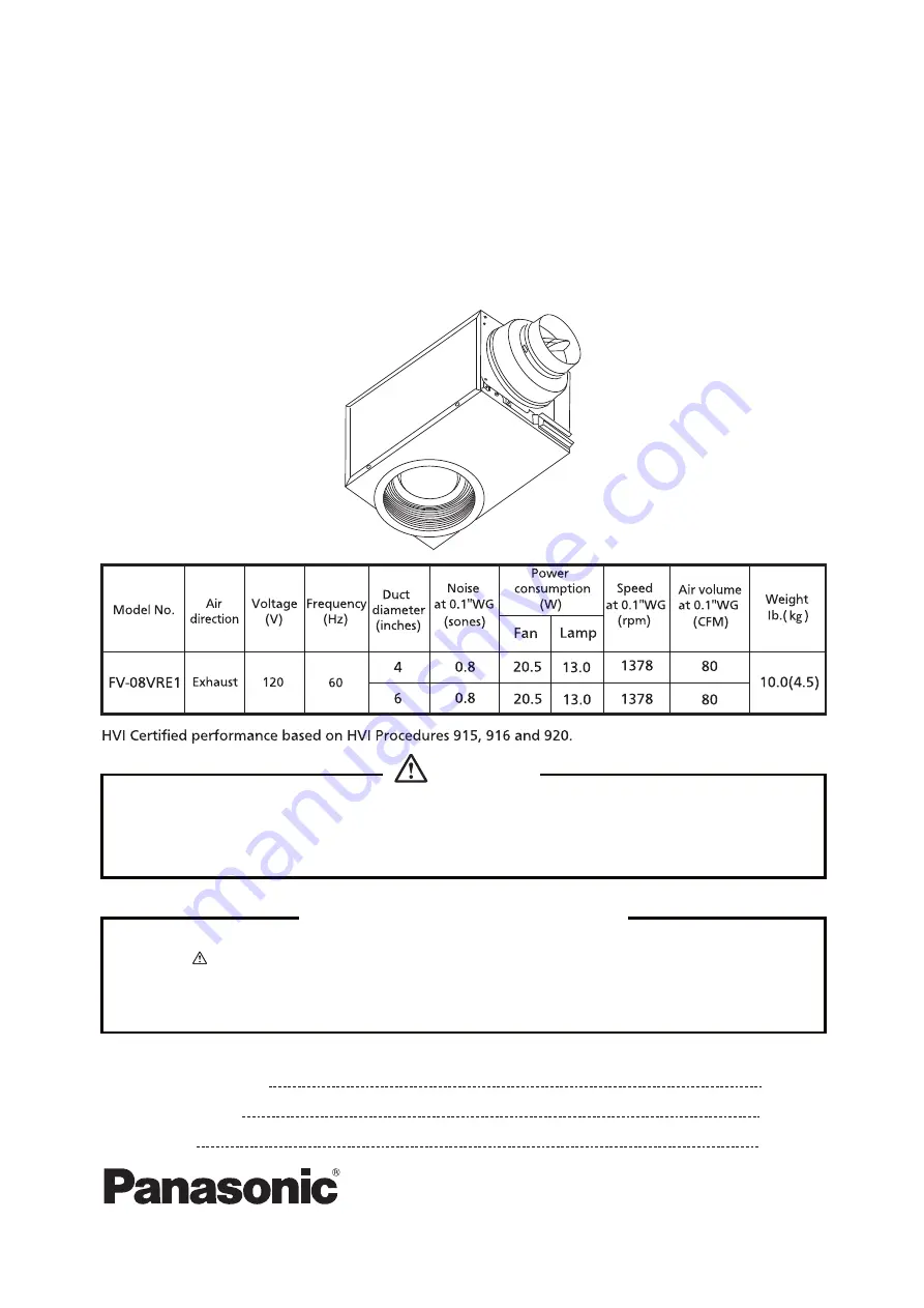 Panasonic FV-08VRE1 Service Manual Download Page 1