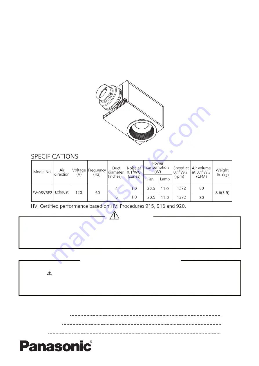 Panasonic FV-08VRE2 Service Manual Download Page 1