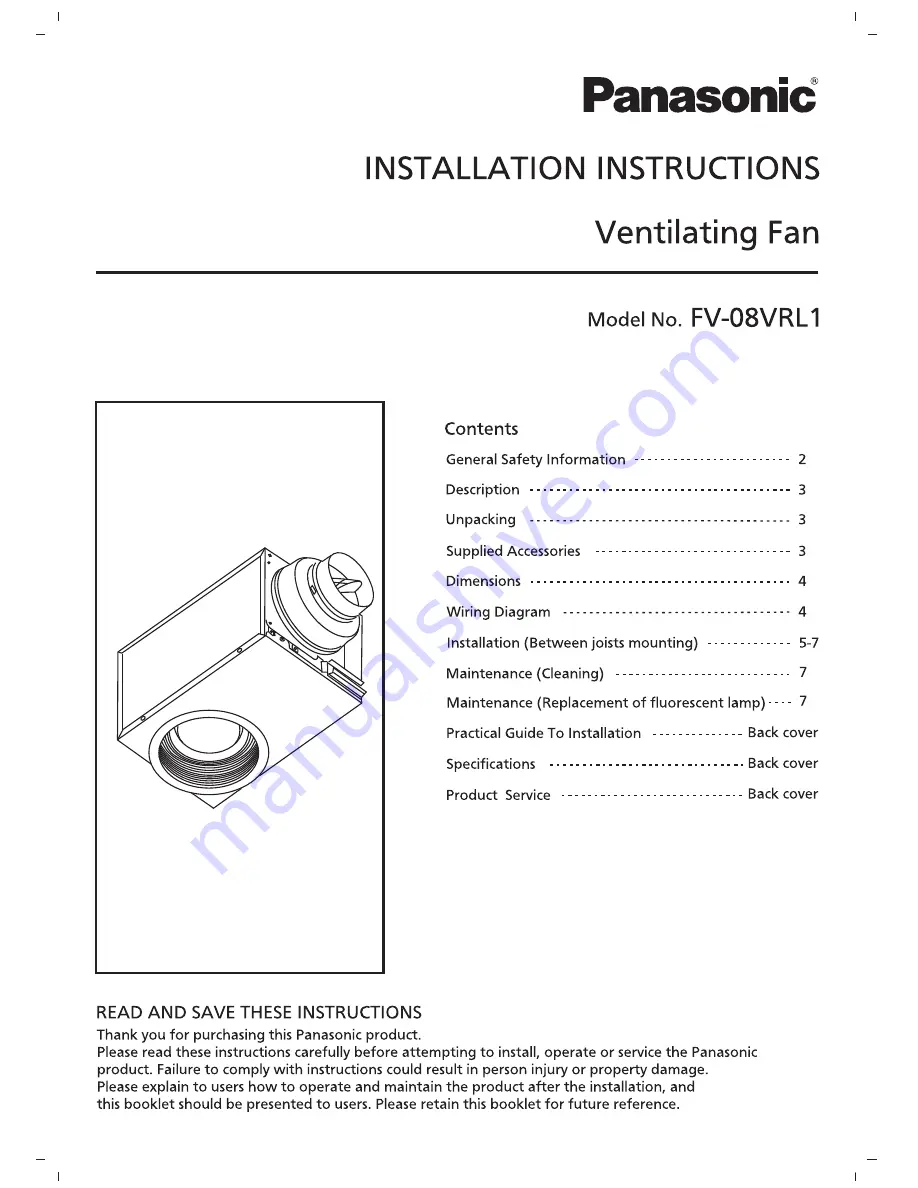 Panasonic FV-08VRL1 Quick Setup Manual Download Page 1