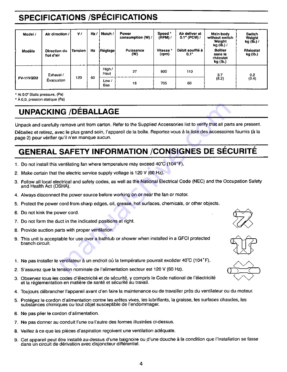 Panasonic FV-11VQD2 Installation Instructions Manual Download Page 4