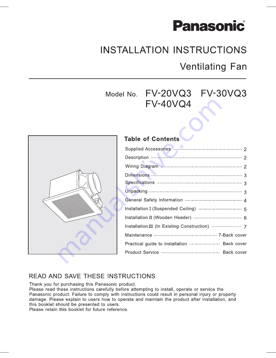 Panasonic FV40VQ3 Installation Instructions Manual Download Page 1