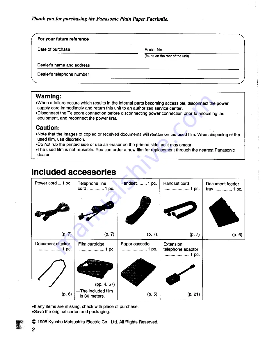 Panasonic KX-F1000NZ Operating Instructions Manual Download Page 2