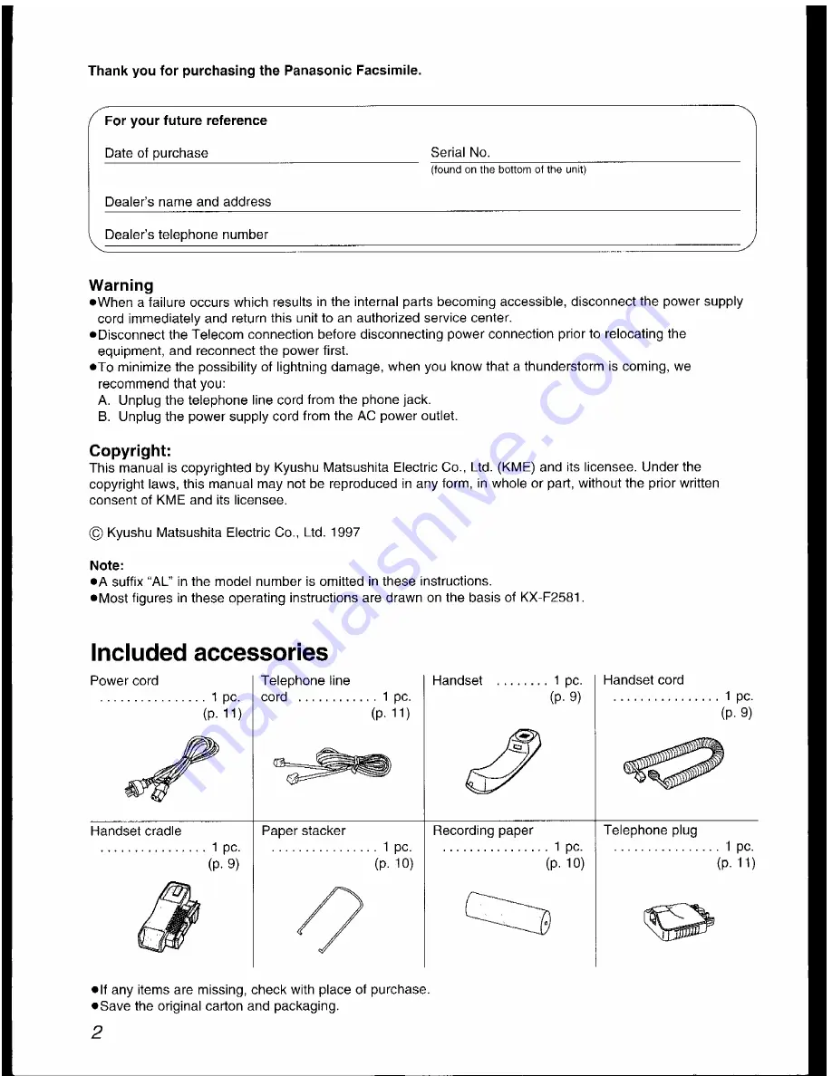 Panasonic KX-F2581AL Скачать руководство пользователя страница 2