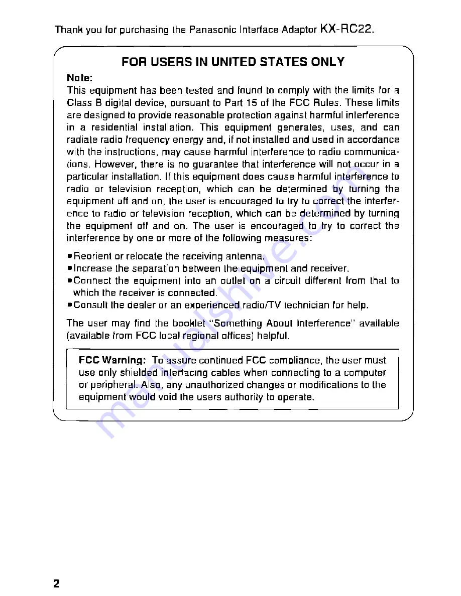 Panasonic KX-RC22 Operating Instructions Manual Download Page 2