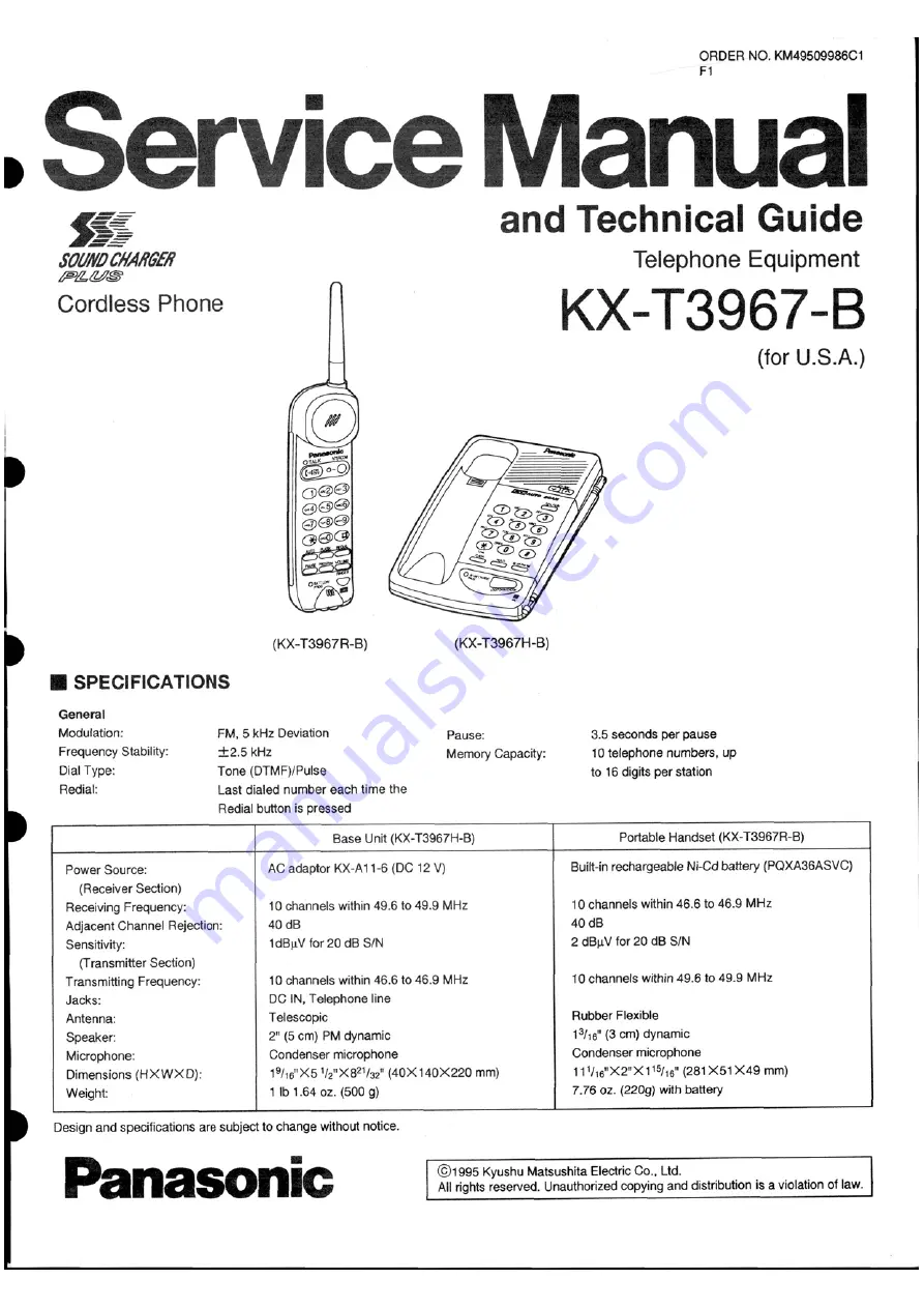 Panasonic KX-T3967-B Service Manual Download Page 3