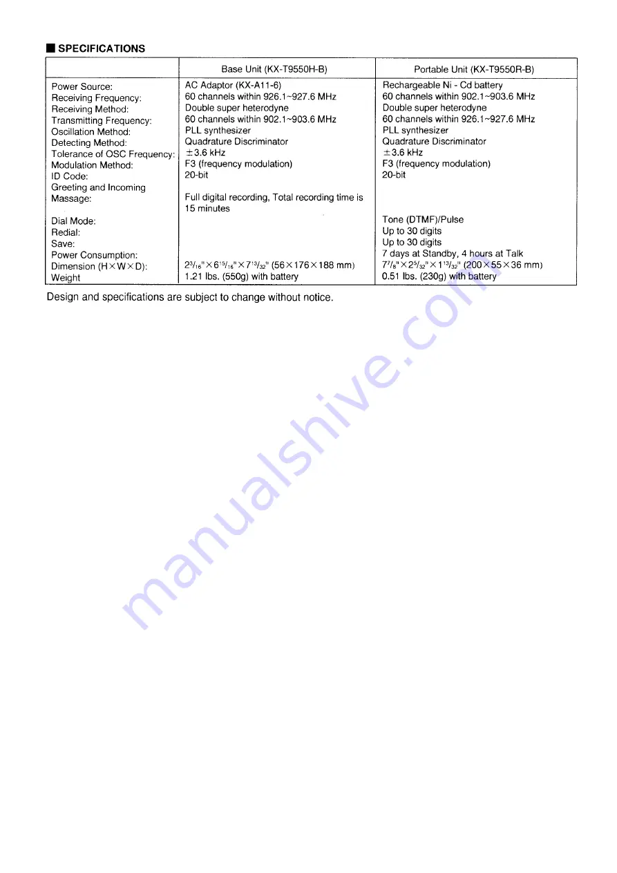 Panasonic KX-T9550-B Service Manual And Technical Manual Download Page 2