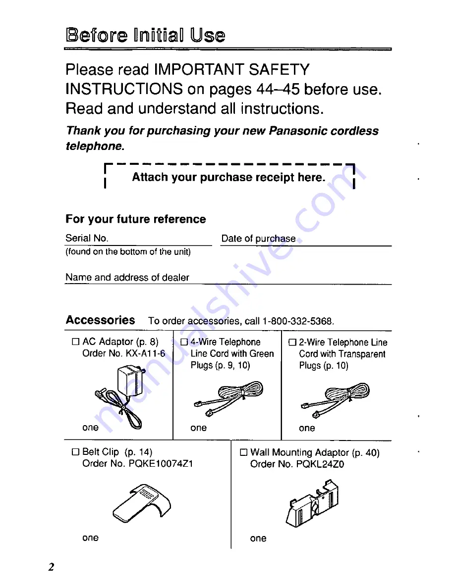 Panasonic KXTC935B - CORDLESS 900 ANALOG User Manual Download Page 2