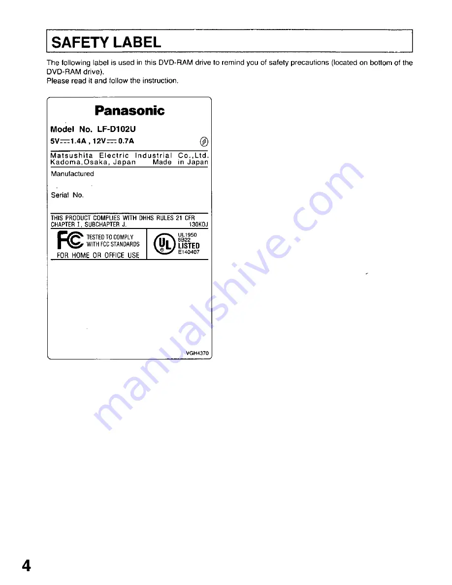 Panasonic LF-D102U Operating Instructions Manual Download Page 4