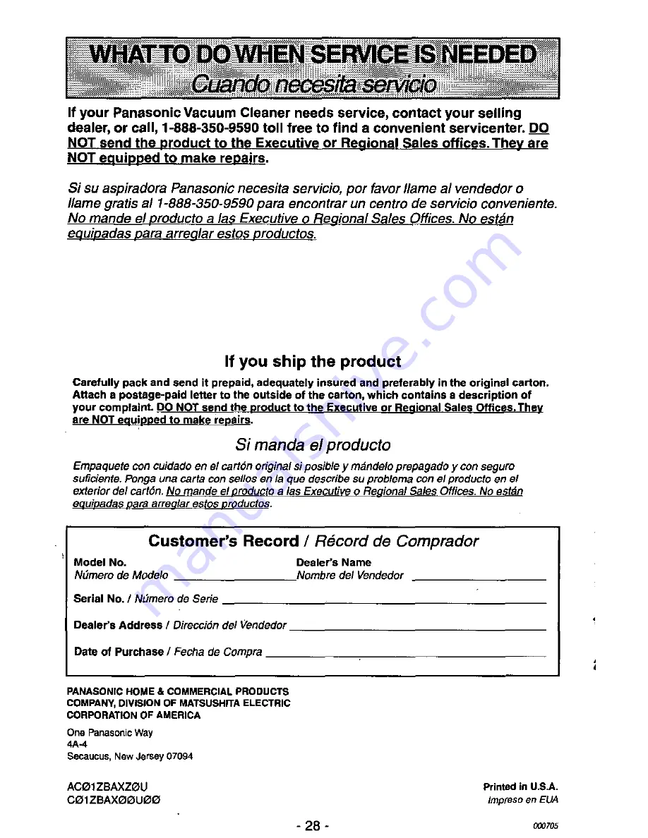 Panasonic MCV215 - COMMERCIAL VACUUM Operating Instructions Manual Download Page 28