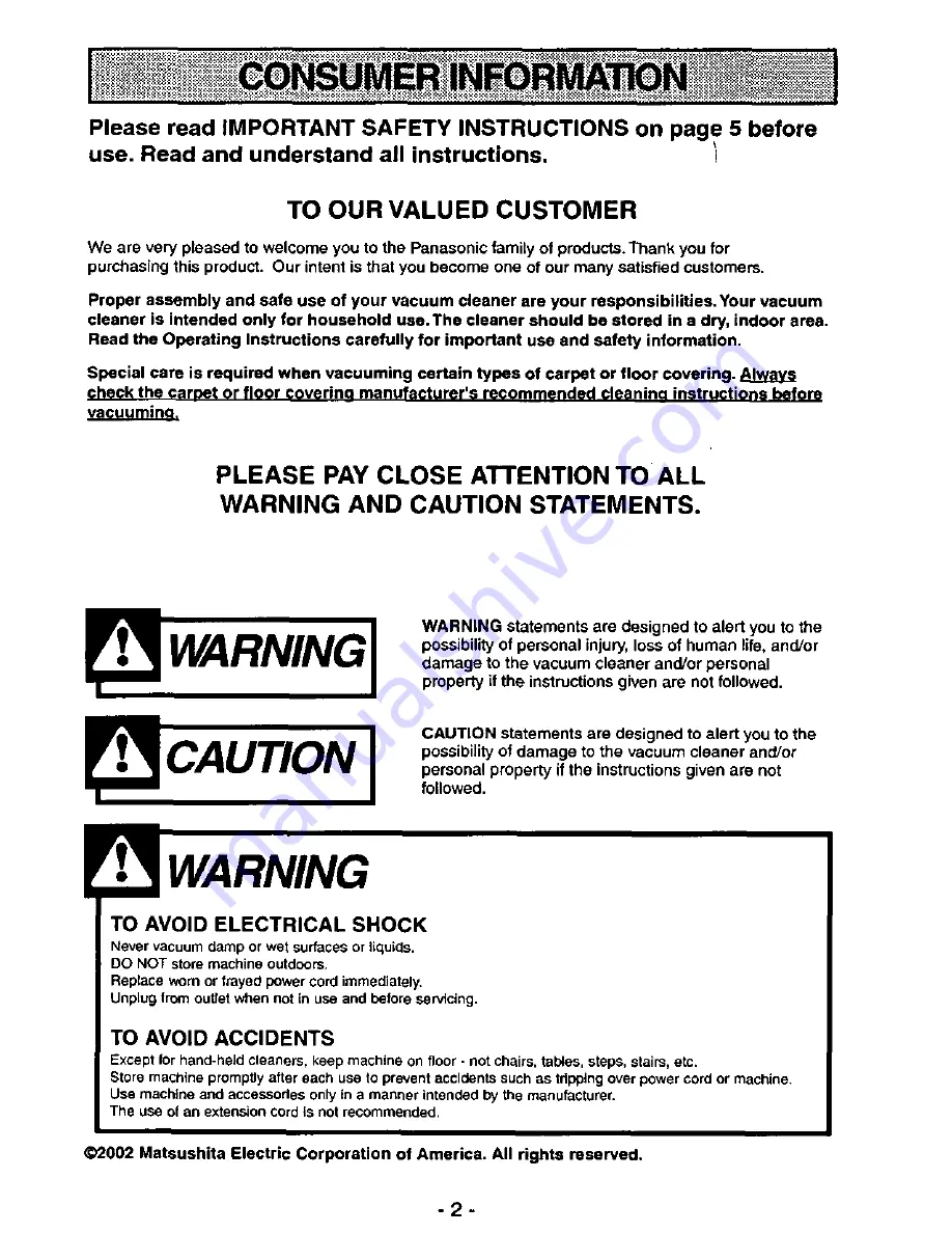 Panasonic MCV7311 - UPRIGHT VACUUMM Operating Instructions Manual Download Page 2