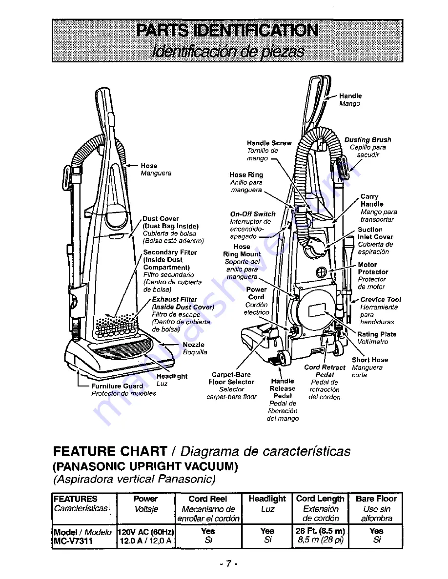 Panasonic MCV7311 - UPRIGHT VACUUMM Скачать руководство пользователя страница 7