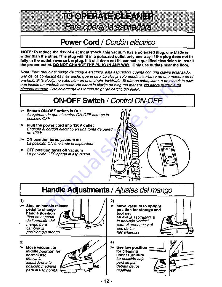 Panasonic MCV7311 - UPRIGHT VACUUMM Operating Instructions Manual Download Page 12