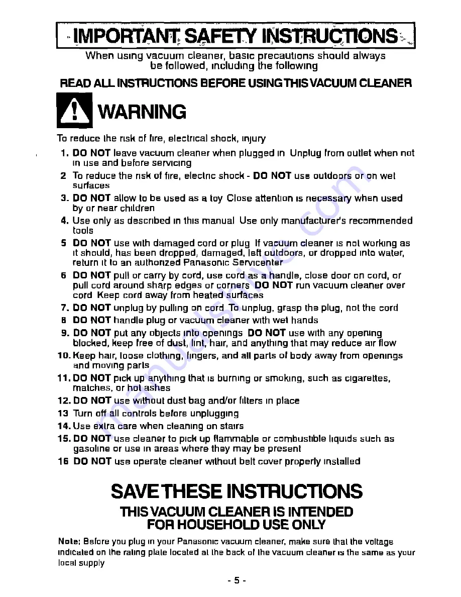 Panasonic MCV7501 - UPRIGHT VACUUM Operating Instructions Manual Download Page 5