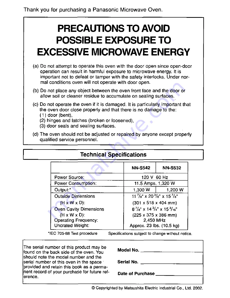 Panasonic NN-S532 Operating Instructions Manual Download Page 2