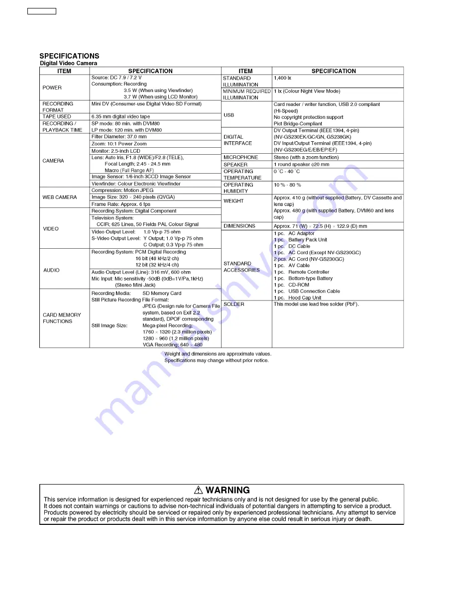 Panasonic NV-GS230E Service Manual Download Page 2