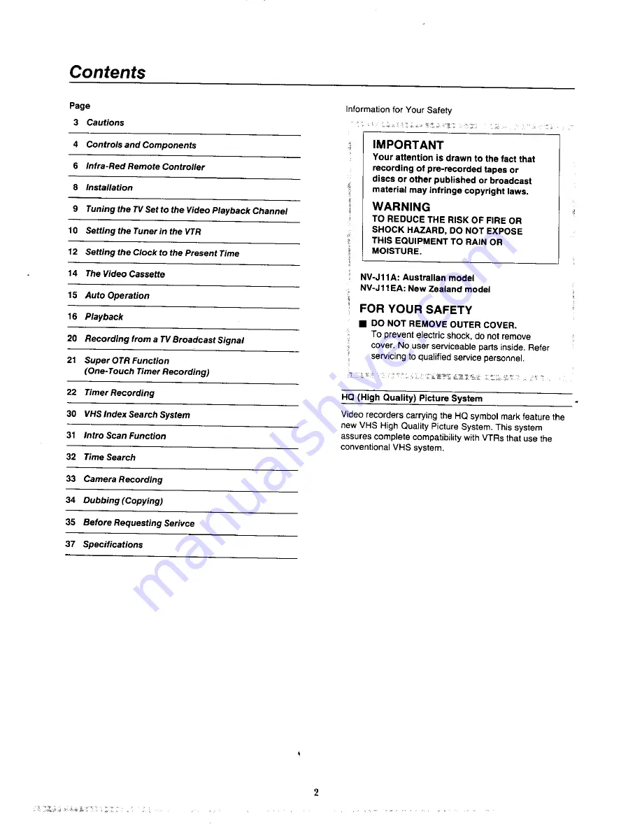 Panasonic NV-J11 Series Operating Instructions Manual Download Page 2