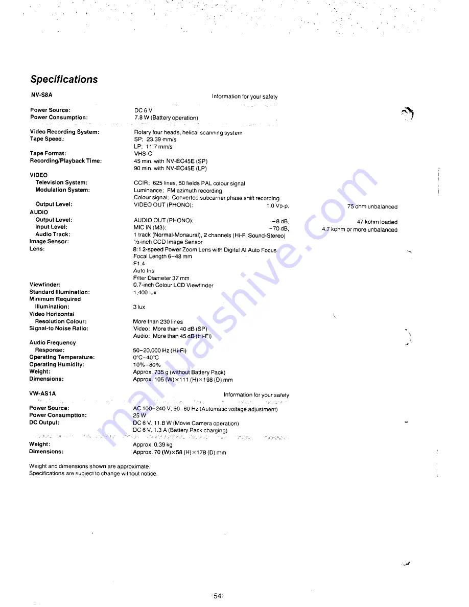 Panasonic NV-S8A Operating Instructions Manual Download Page 54