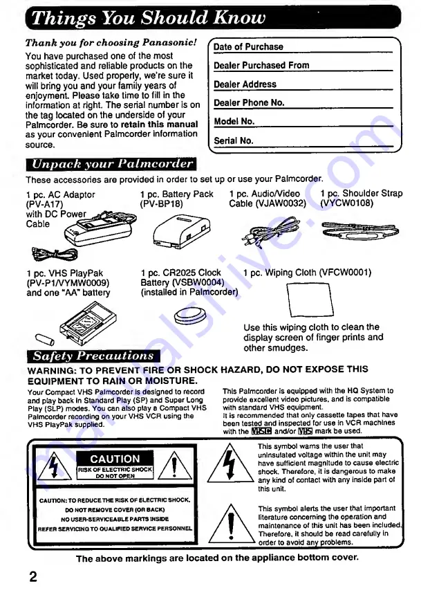 Panasonic Palmcorder IQ DisplayMate PV-L606 Operating Instructions Manual Download Page 2