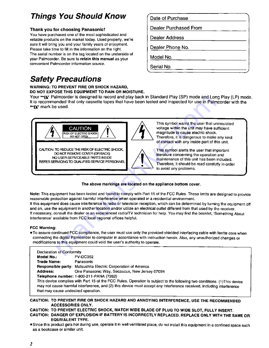 Panasonic Palmcorder MultiCam PV-DC352-K User Manual Download Page 2