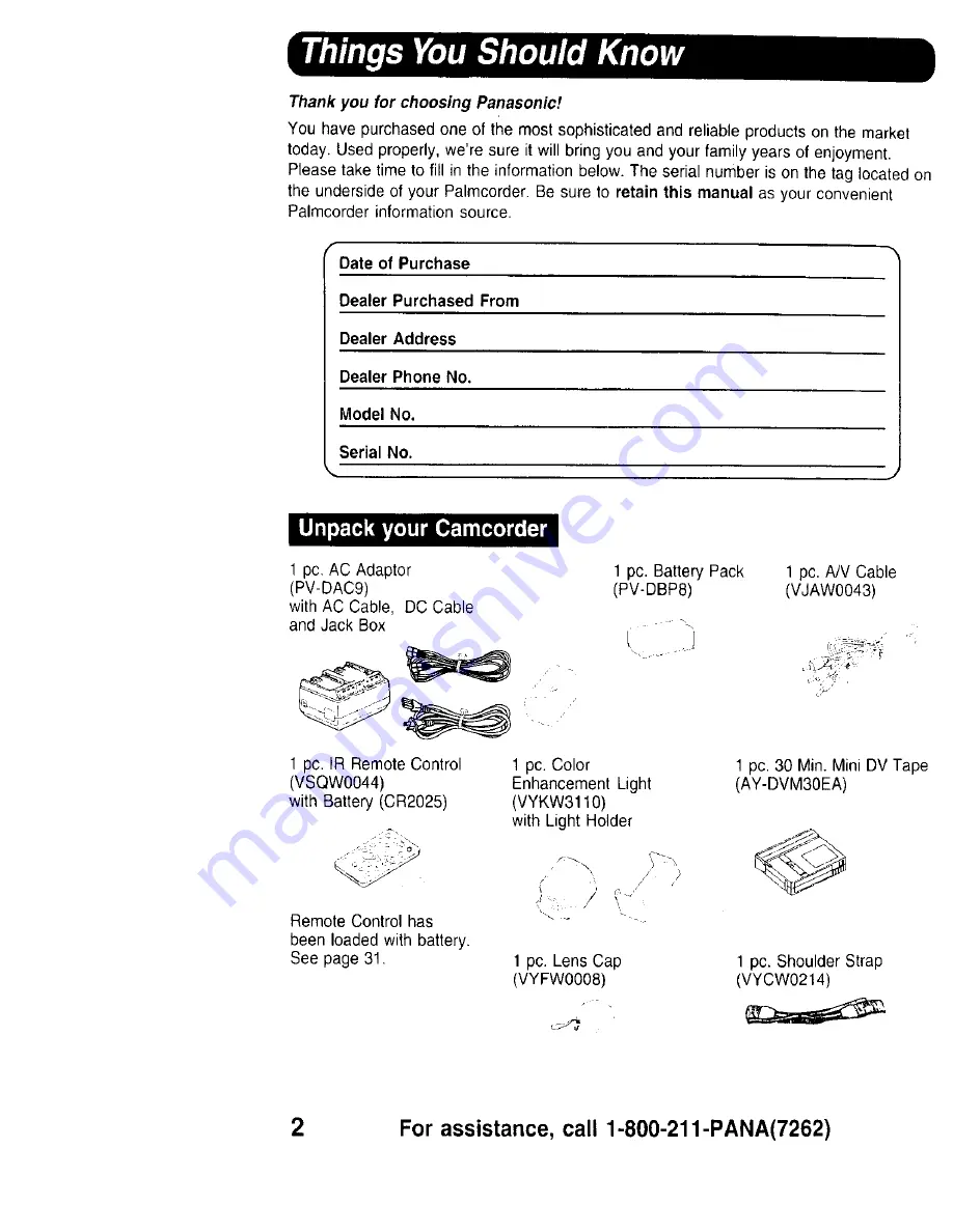 Panasonic Palmcorder PalmSight PV-DV910 Operating Instructions Manual Download Page 2