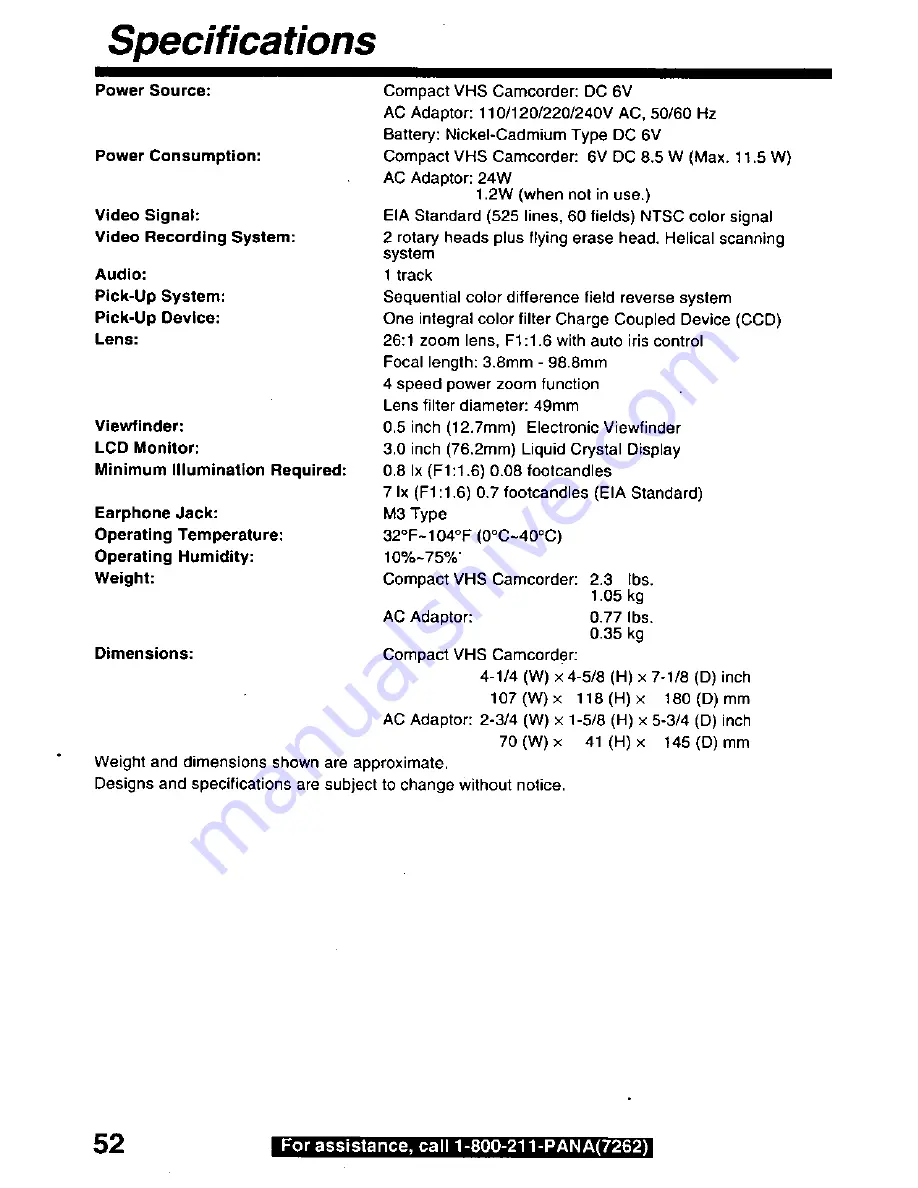 Panasonic Palmcorder Palmsight PV-L559 Operating Manual Download Page 52