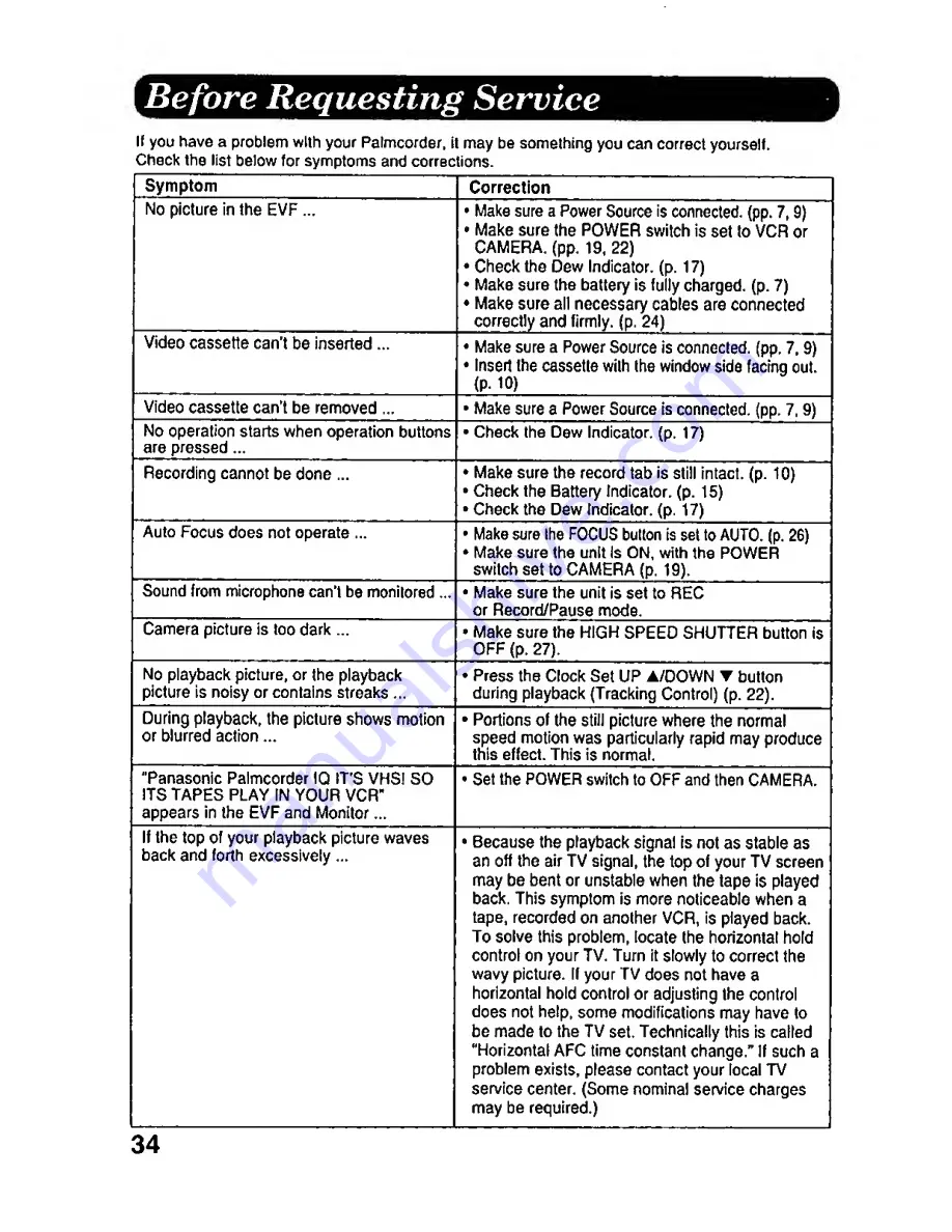 Panasonic Palmcorder PV-A206 Operating Instructions Manual Download Page 34