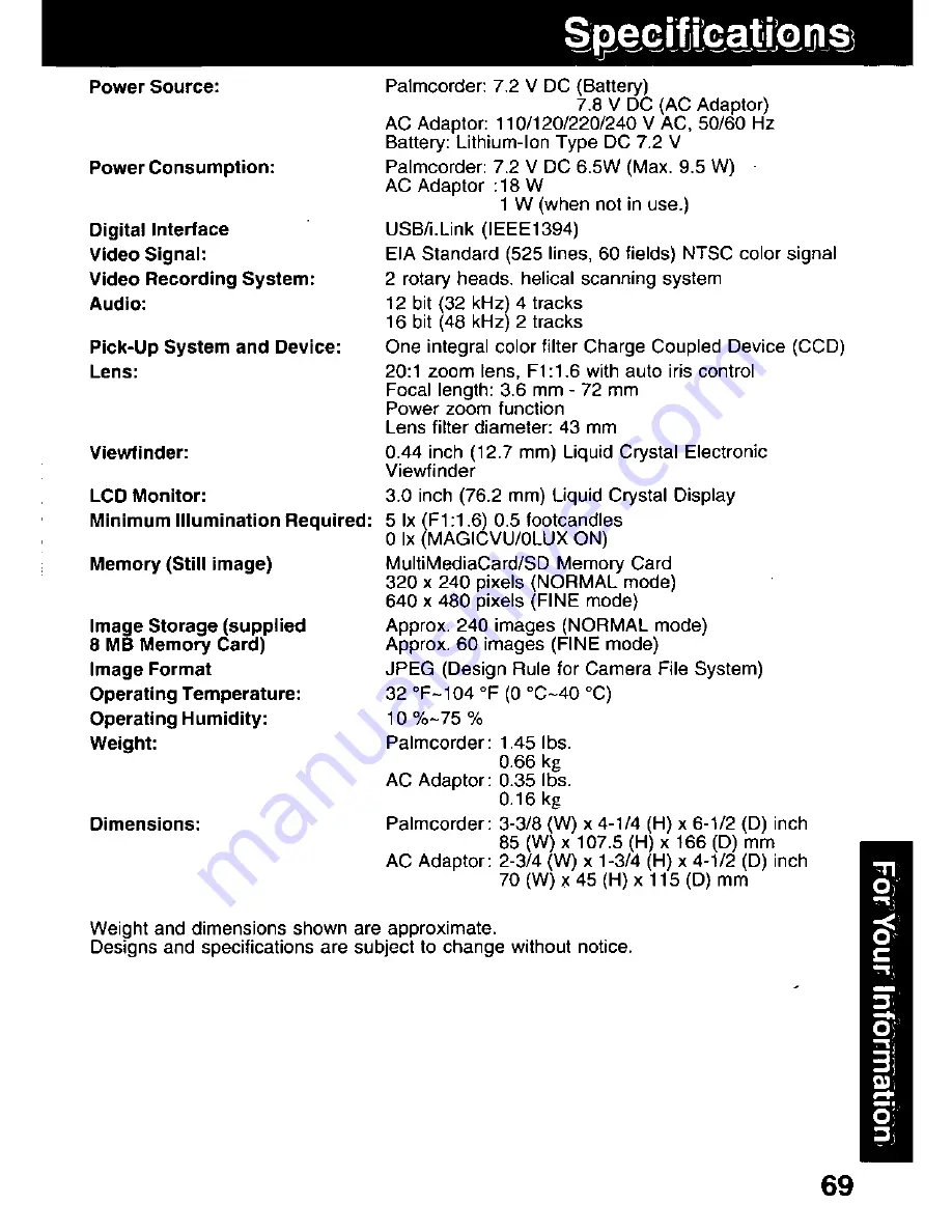 Panasonic Palmcorder PV-DV601 Operating Manual Download Page 69