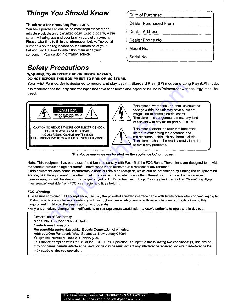 Panasonic Palmcorder PV-DV951 Operating Manual Download Page 2